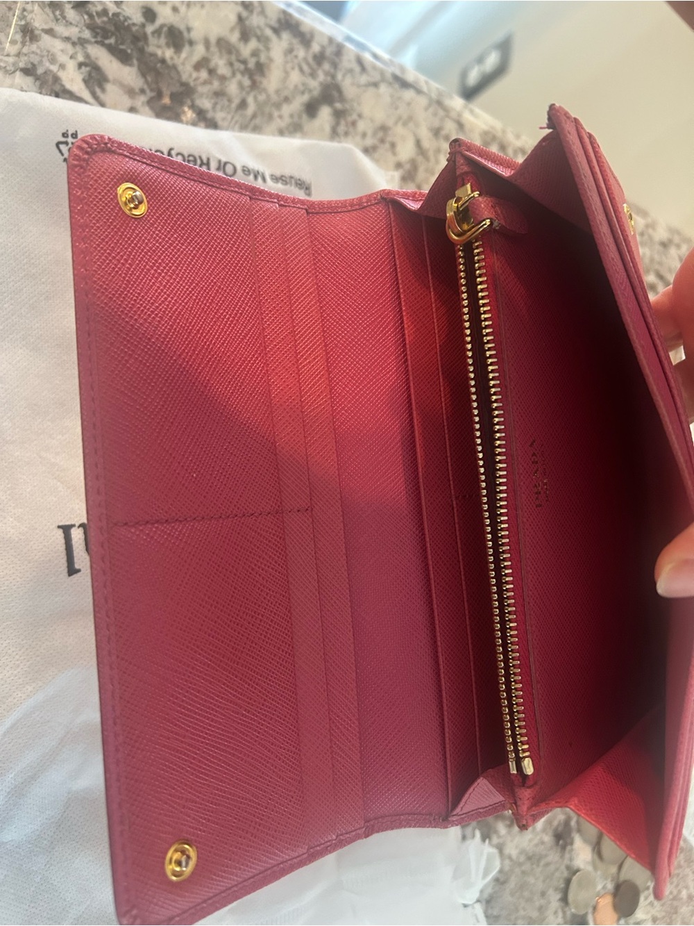 PRADA Pink Saffiano-Style Foldover Wallet with Gold Emblem - Picture 5 of 5